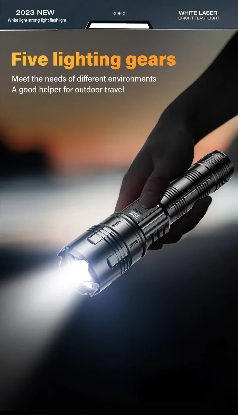 Description Picture 4 of itemHigh Power White Laser LED Flashlight USB Rechargeable Strong Light Tactical Torch with Power Display Camping Hunting Lantern