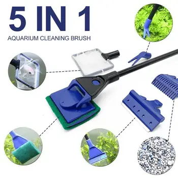 5 em 1 ferramenta de limpeza de aquário planta garfo colher rede esponja escova cascalho ancinho raspador de algas 1