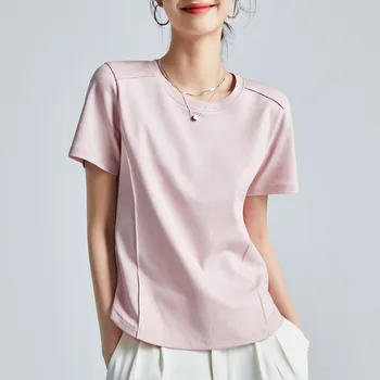 Summer Women's White Mercerized Cotton T-Shirt | 3D Stitching Round Neck Basic Top | Plus Size Slim Fit Layered Casual Blouse 1