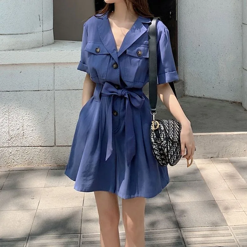 

Fashion All-match Short Sleeve Solid Color Rompers Summer Women's Clothing Korean Casual Button Spliced Wide Leg Shorts Female
