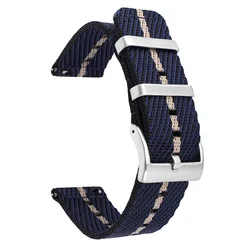 Quick Release Nylon Weave Stripe Watch Band, Sport Wrist Bracelet - 22mm (Blue Khaki)