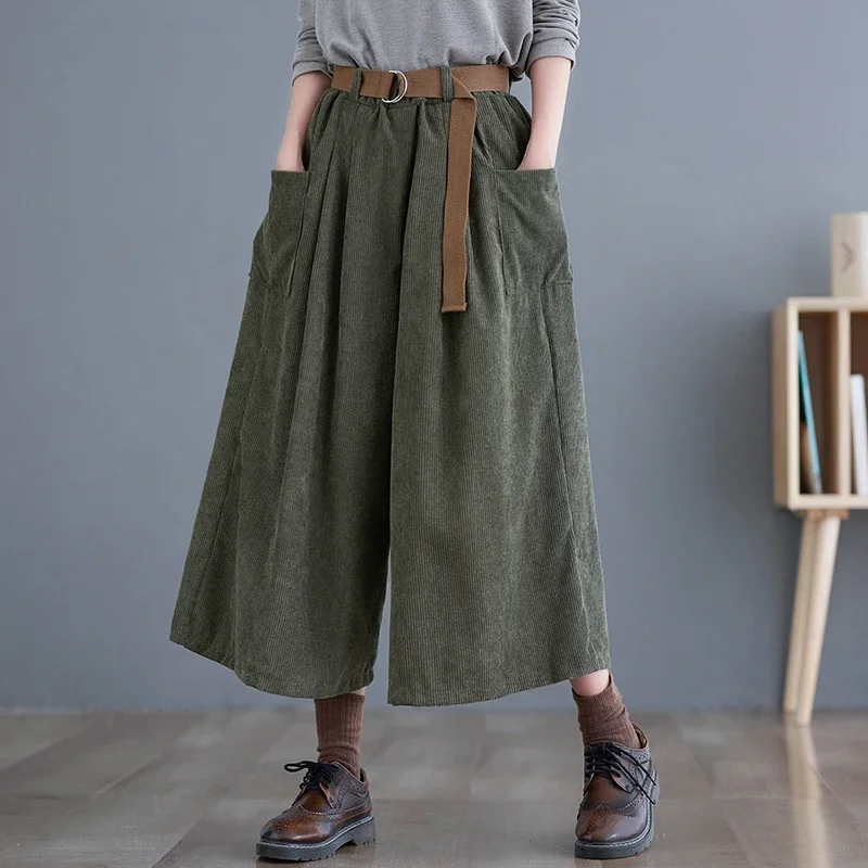 

2024 Korea Style Corduroy Vintage Autumn Winter Pants High Waist Loose Women Casual Wide Leg Pants Spring Capris Pants W57