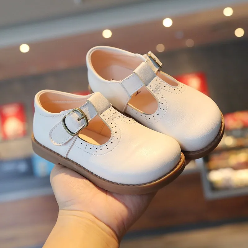 Children Mary Janes British Style T-strap Three Colors Vintage 21-30 Little Girl's Leather Shoes All-mtach School Kids Flats