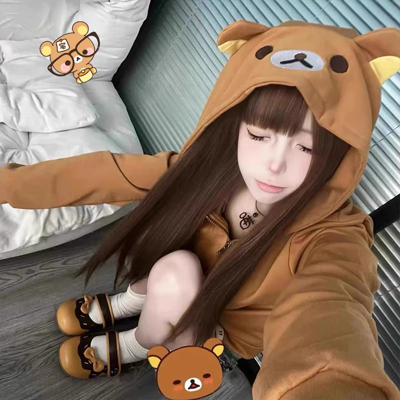 Jaqueta Feminina Y2K Estilo Japonês Rilakkuma Harajuku Streetwear com Capuz, Moletom com Zíper e Estampa de Desenho Animado Kawaii para Meninas - AliExpress 1501