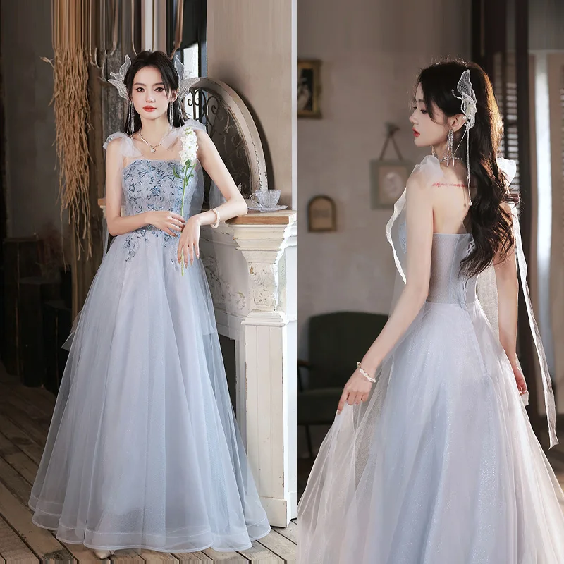 

It's Yiiya Blue Strapless A-Line Formal Dress Sleeveless Robe De Soiree Sequins Lace Up Pleat Tulle New Dress Woman Party A2708