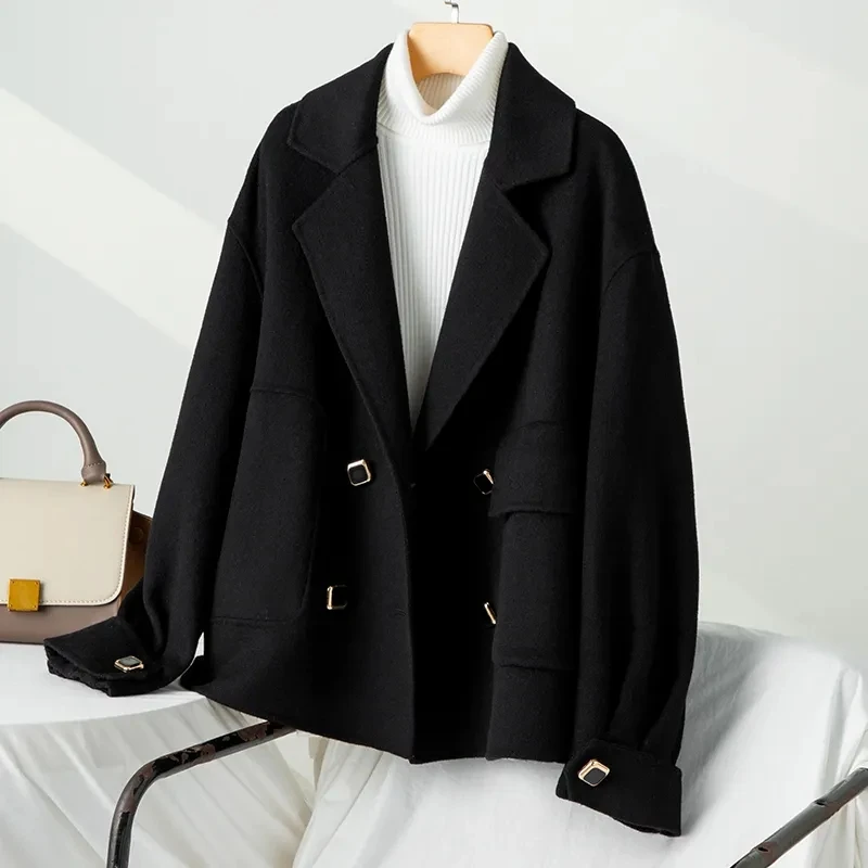 2023 Autumn Women's Wool Double-Sided Suede Coat Overcoat Double-Breasted Lapel Short Woolen Coat Black Camel Cardigan Outerwear 300cm green membrane foam black double sided tape non marking ultra thin waterproof resistant tape for mobile phone repair