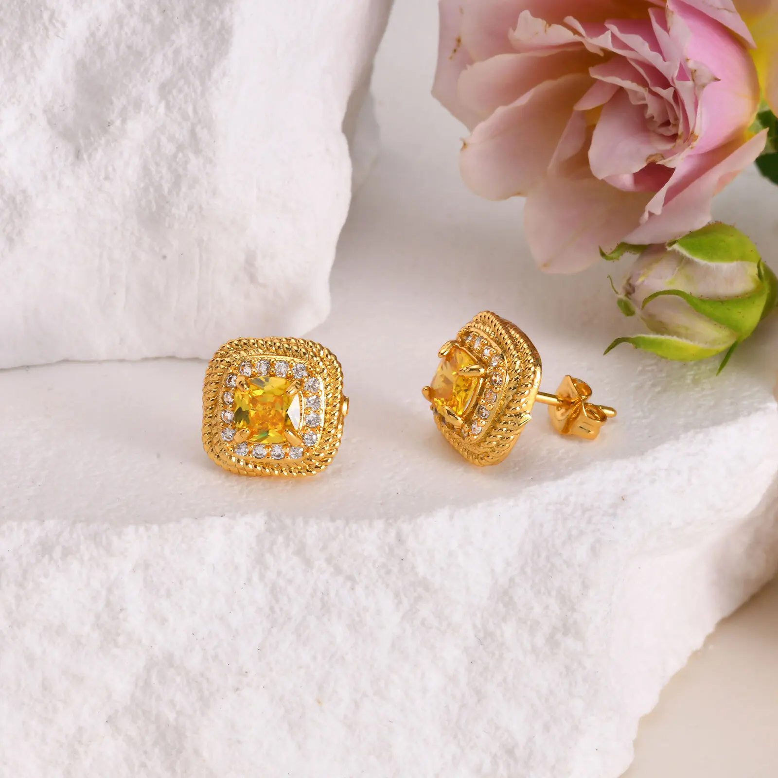 Cubic Zirconia Earrings Studs,18k Gold Plated CZ Square Yellow