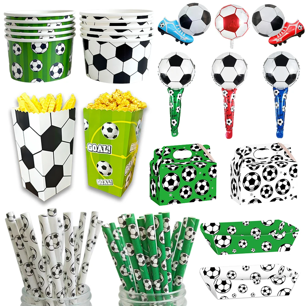 Fußball-Party-Zubehör Papierschalen Popcorn-Boxen Geschenkboxen Essensbehälter Strohhalme Fußball-Ballon Kinder Sport-Themen Geburtstagsparty-Artikel