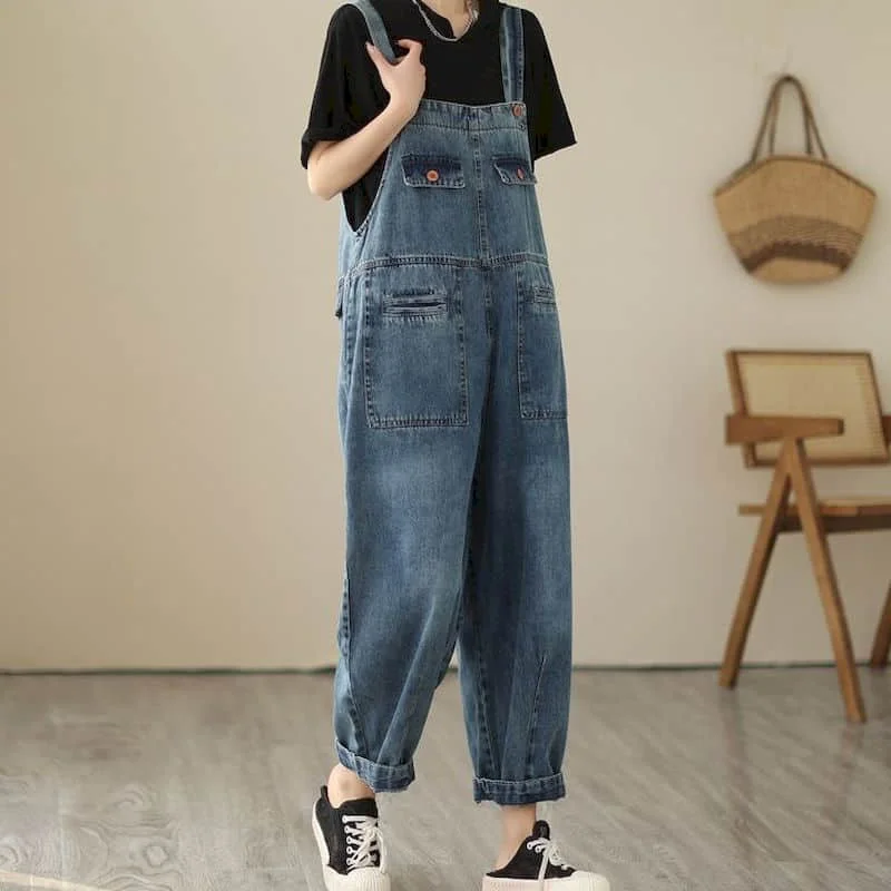 

Denim Jumpsuits for Women Korean Style Vintage Playsuits Casual Cross Pants Loose Trousers Oversized Overalls for Women Clothes