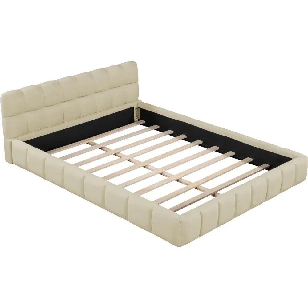 Modern Queen Upholstered Bed Frame with Wingback, Linen Low Plattform Bed, No Box Spring Needed Beige 4
