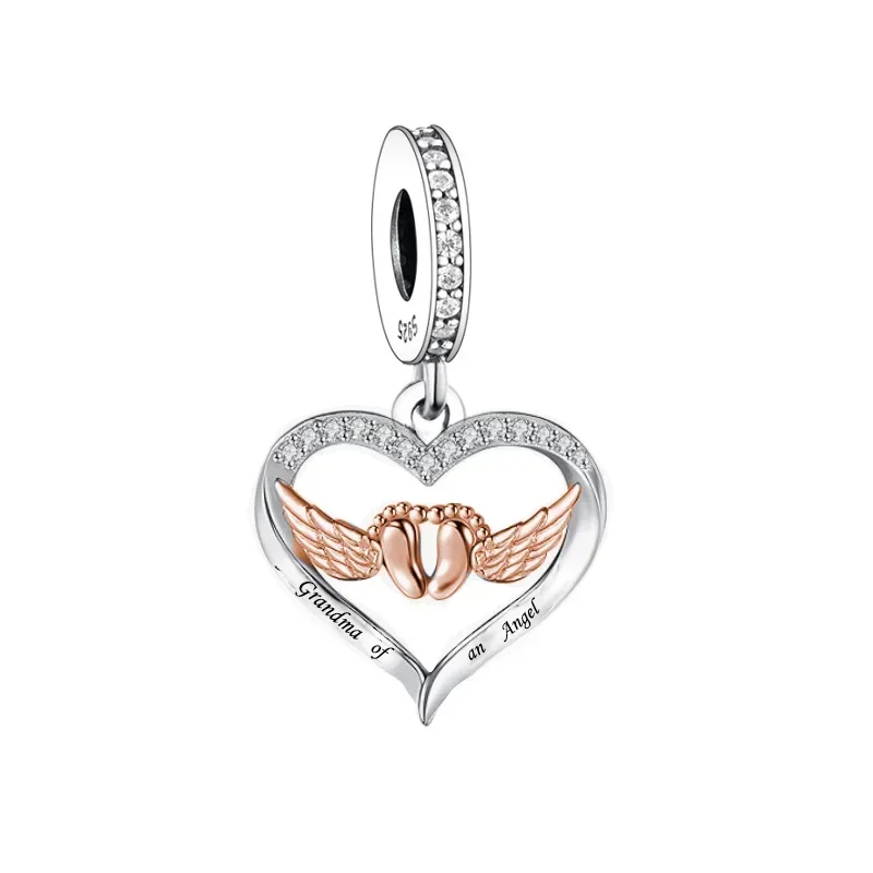 Fit Original Pan Charm Bracelet 925 Sterling Silver Grandma Mummy of an Angel Baby Foot Angel Wings Bead For Women Berloque DIY 3
