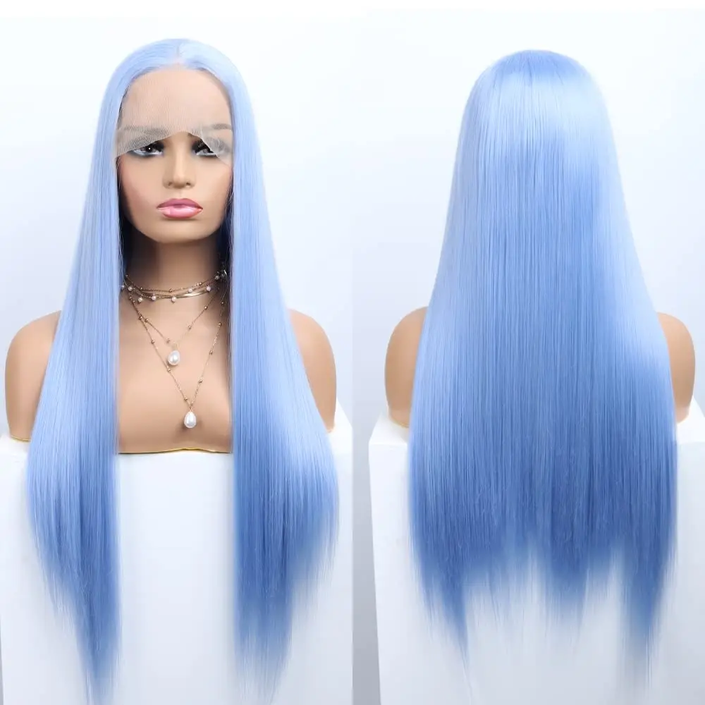 Icy Blue Synthetic Lace Part Wig Natural Hairline Sky Blue Straight T Part Lace Front Wig Light