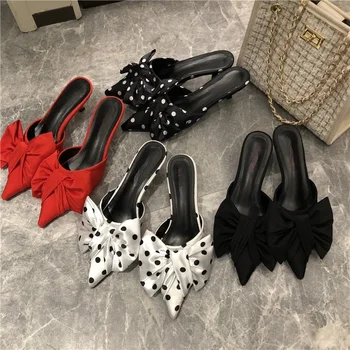 2024 New Spring Slippers Women's Korean-Style Pointed Polka Dot Bow Stiletto Mid-Heel Low Heel Slippers Polka Dot Half Slippers 1