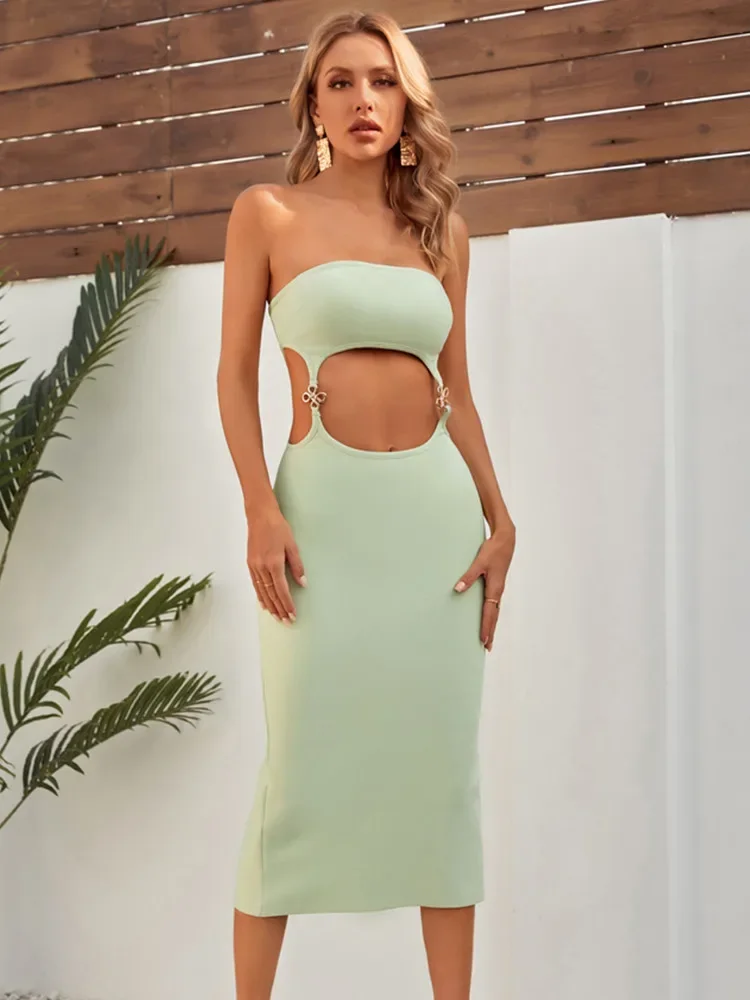 

Summer Fashion Women Sexy Hot Club Dress Elastic Bandage Strapless Cut Out Long Celebrity Evening Party Gowns Nightwears
