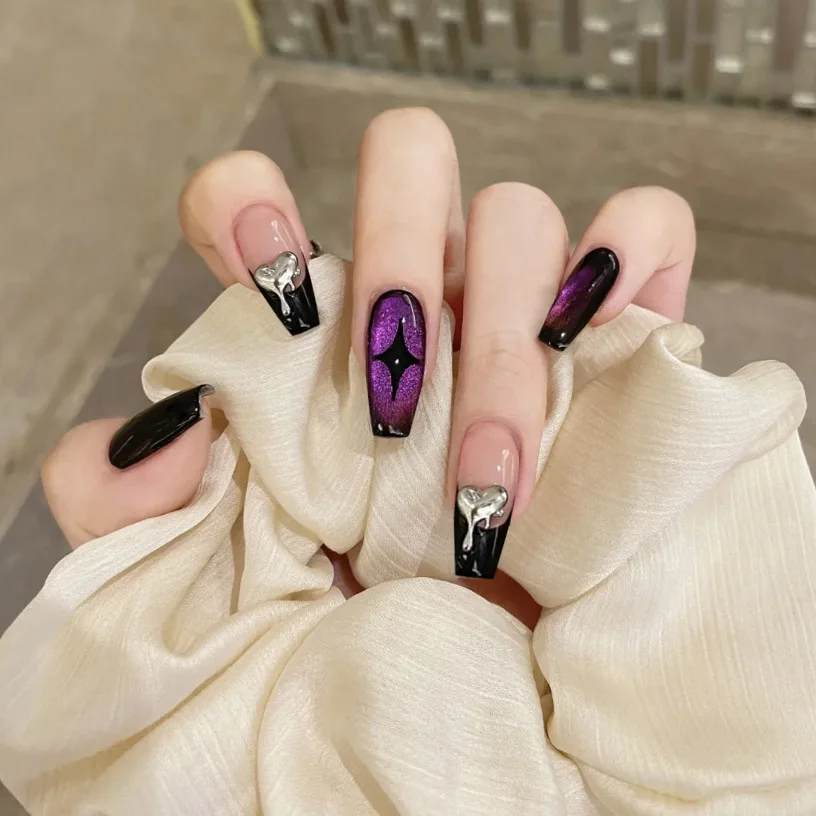 

24pcs Purple Fake Nails Long Coffin Sweet Cool Ins Style Nail Art Black love Star Design Press On Nail Tips Full Cover Finished