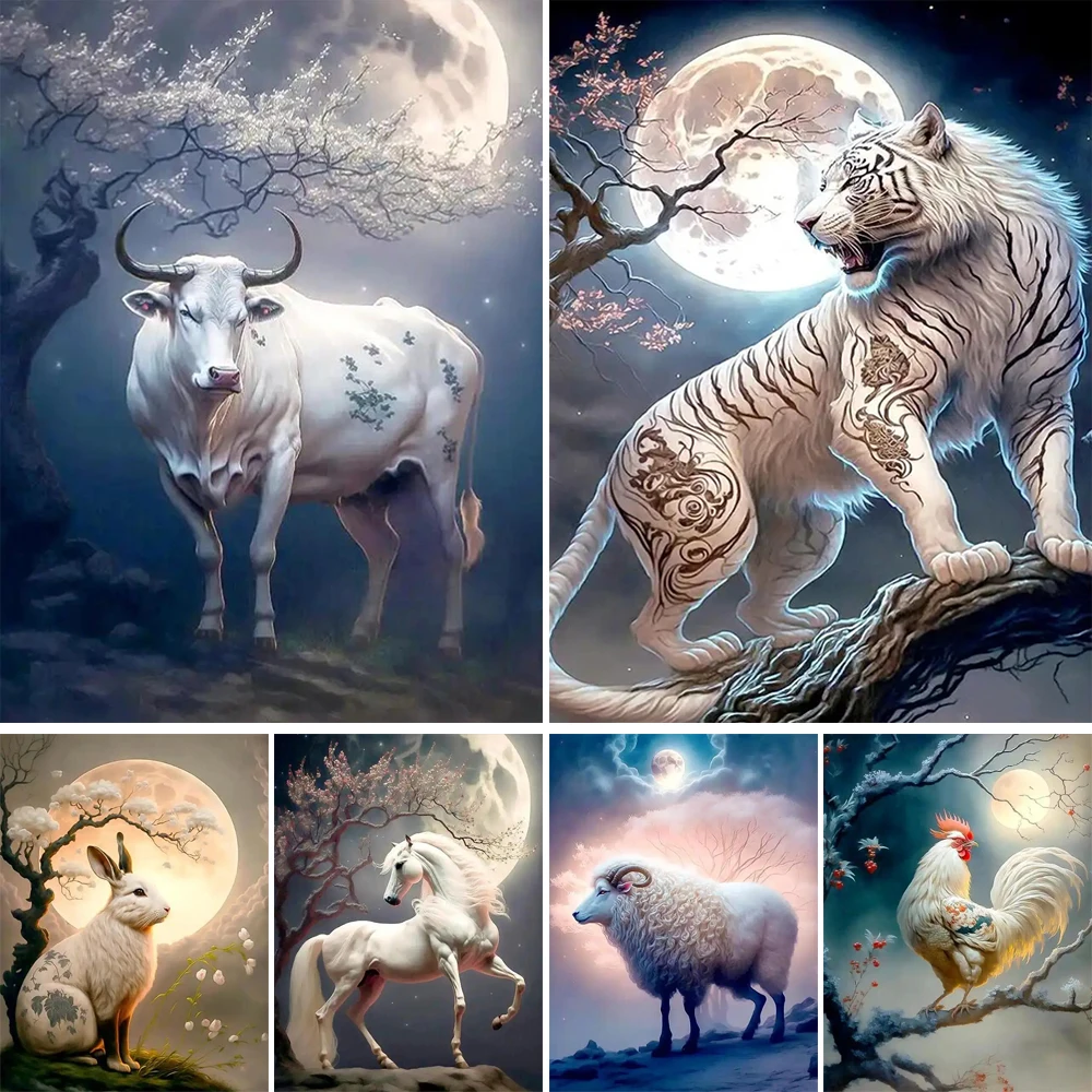 

5D Diy Diamond Embroidery Bull Tiger Horse Rabbit Full Drill Diamond Painting Needleworks Cross Stitch Home Decor J3559