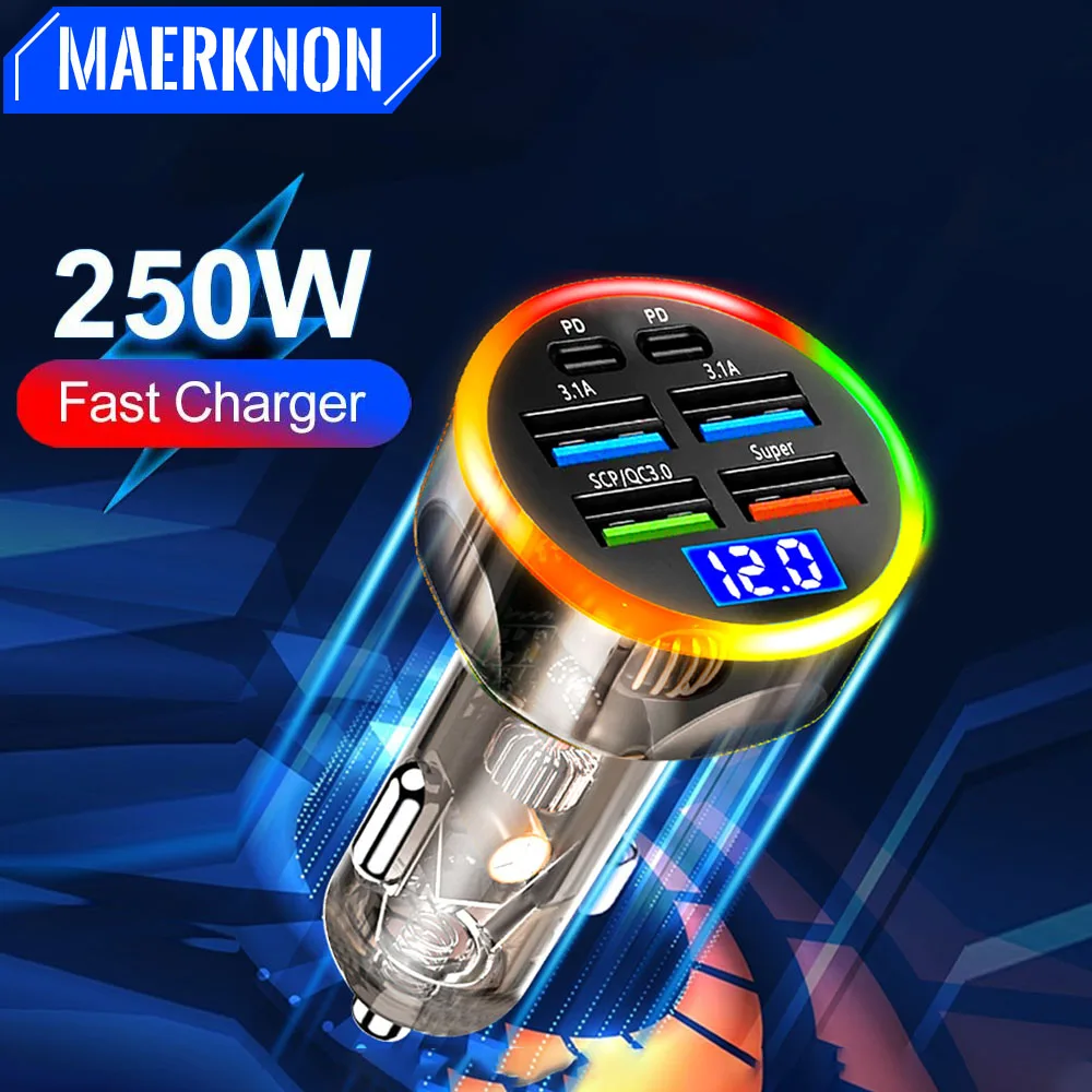 250W USB C Car Charger QC3.0 Fast Charging For iPhone Samsung Xiaomi Huawei Quick Charge Cigarette Lighter