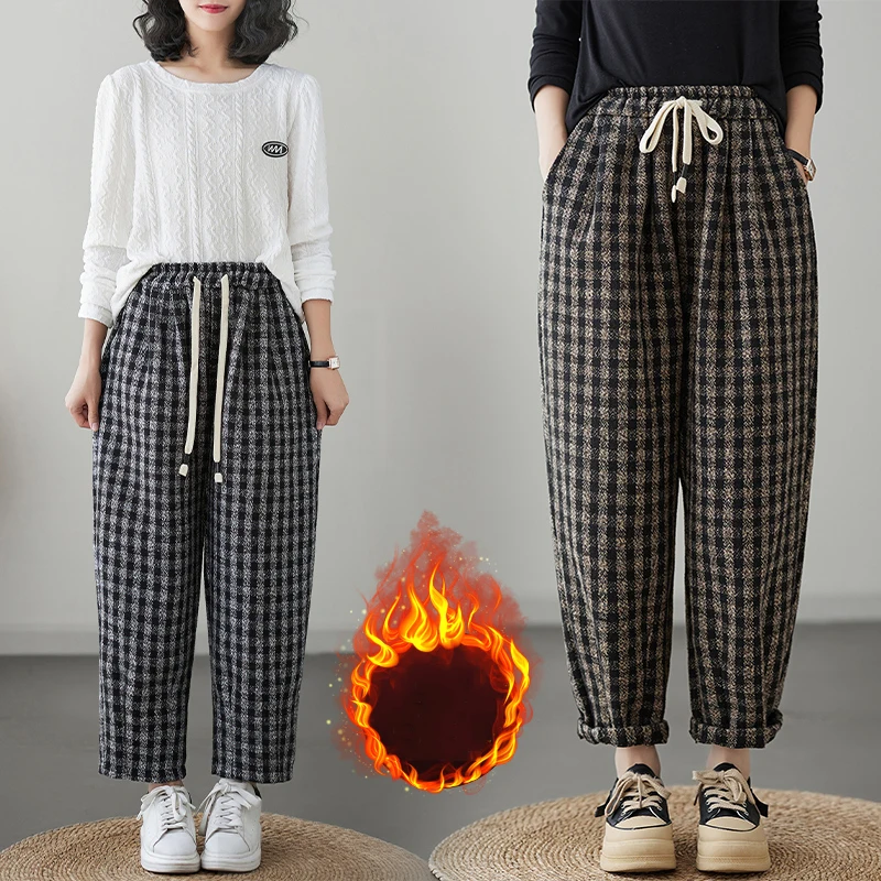 

Vintage Literary Loose Thicken Women Harem Pants Elastic Waist Lace-up Versatile Plaid Patchwork Classic Cozy Casual Trousers