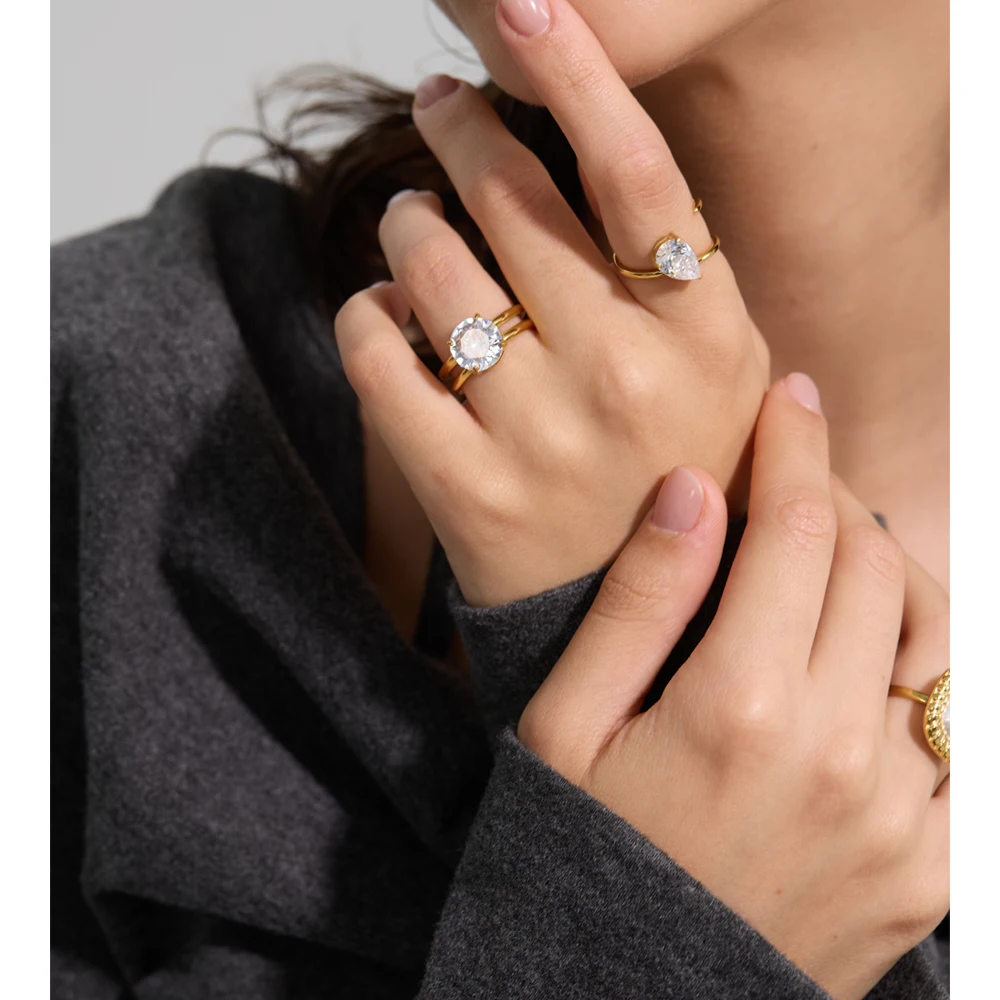 Yhpup Ring Cubic Zirconia Stainless Steel Unique Finger Jewelry