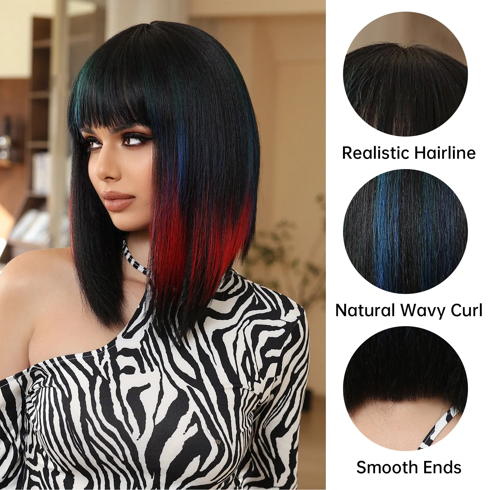 Short Straight Wig Black Highlight Red Green Blue Colorful Cosplay Lolita Synthetic Wigs with Bangs for Women Afro Medium Length