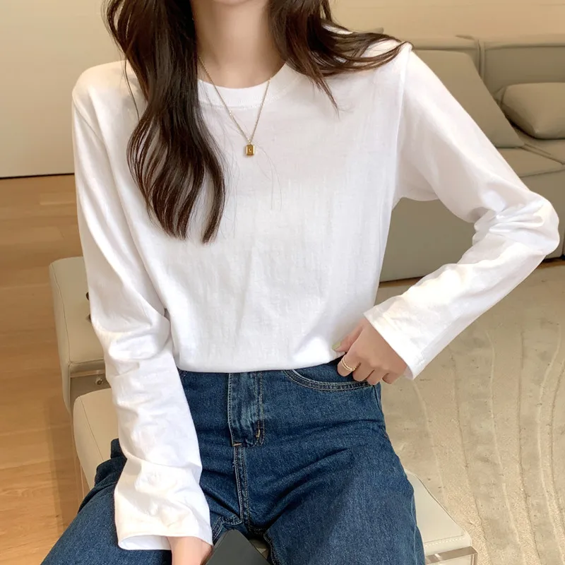 

Белая футболка с длинным рукавом, женские весенне-осенние облегающие топы, Зимние Модные простые свободные тонкие футболки, повседневные топы, рубашки