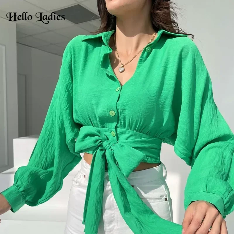 

Женская однобортная блуза с длинным рукавом летучая мышь, на шнуровке