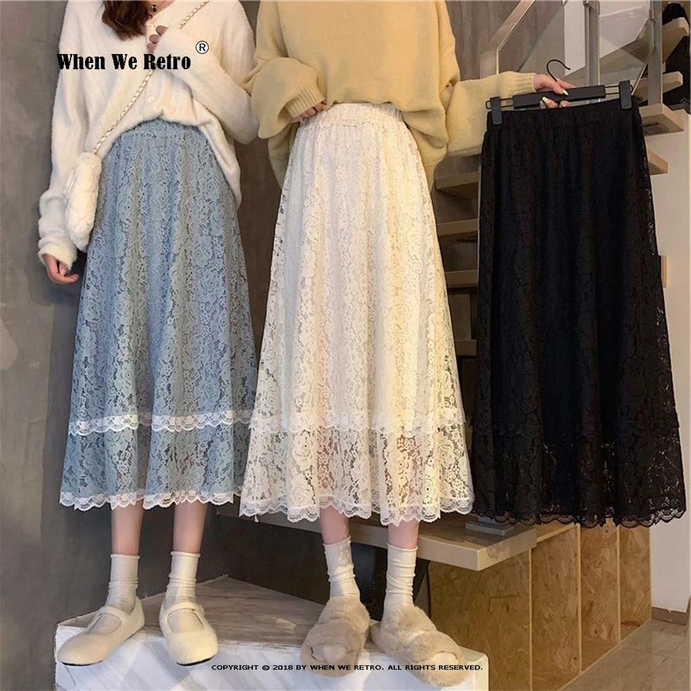 

Korean Style Black White Blue Lace Midi Long Skirt Fashion 2023 Spring Autumn Cute Elegant Office A-line Mesh Tulle Skirt RS395