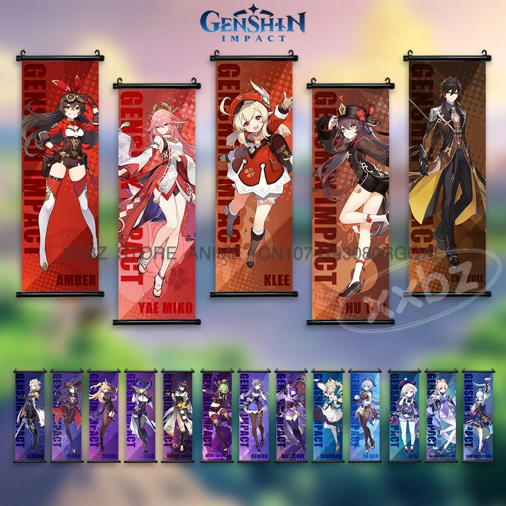 Genshin Impact Scrolls Bilder Spiel Charakter Poster Wandkunst Hu Tao Home Decor Kamizato Ayato Hängende Malerei Weihnachtsgeschenke