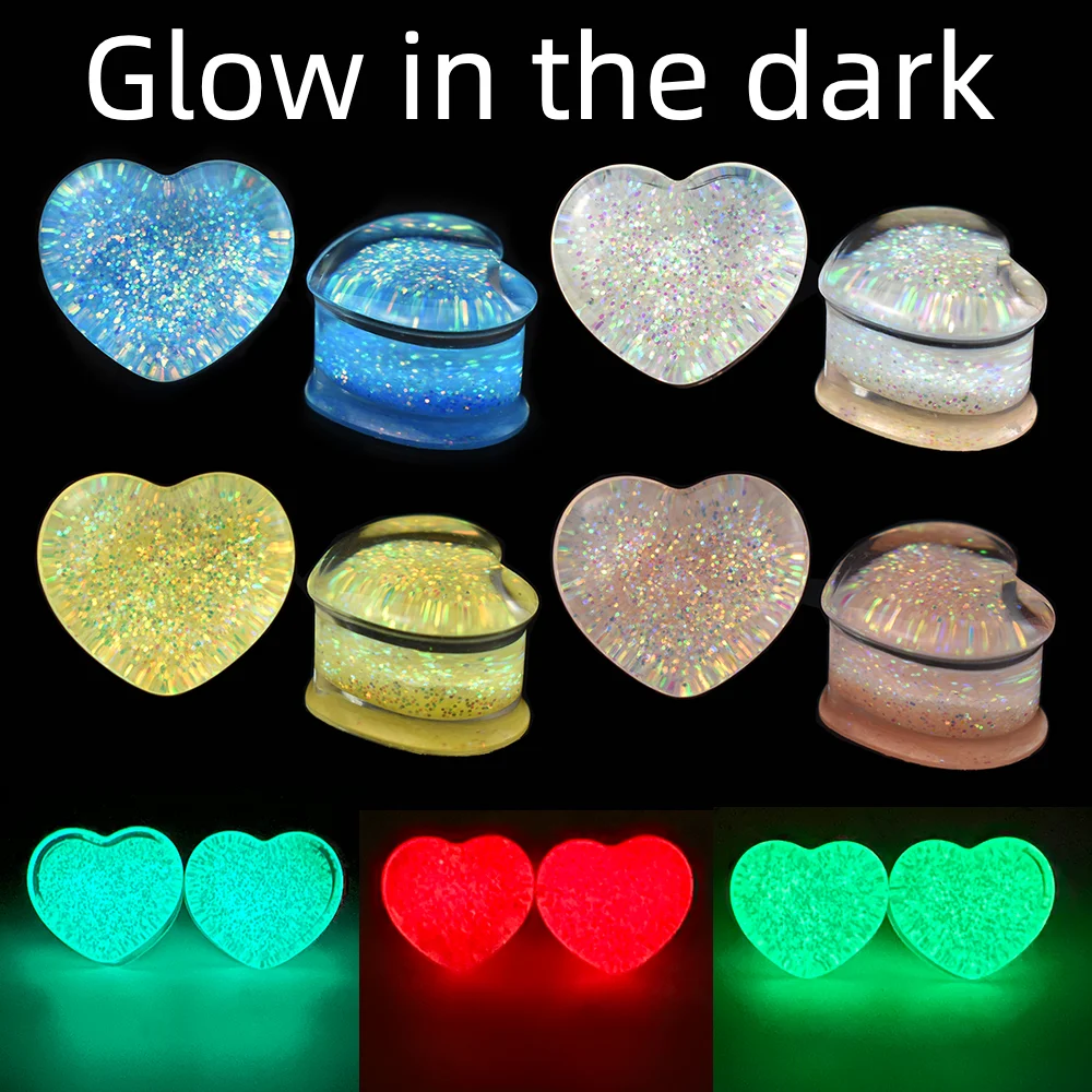 Glow In The Dark 2 Stks 6-50Mm Schattige Hart Oor Plug Tunnels Meters Oor Brancard Expander Lichaam Sieraden Voor Vrouwen Mannen