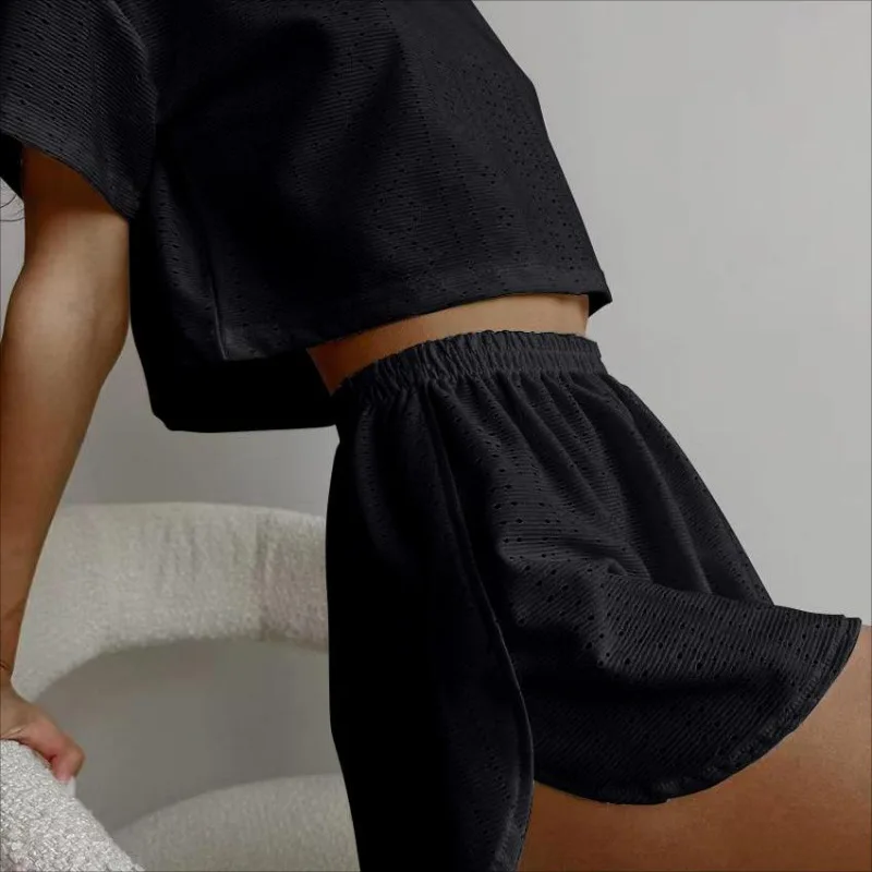 2024 Spring/Summer New Sports and Leisure Set Women's Solid Color Hollow Open Split Open Navel Short Two Piece Set