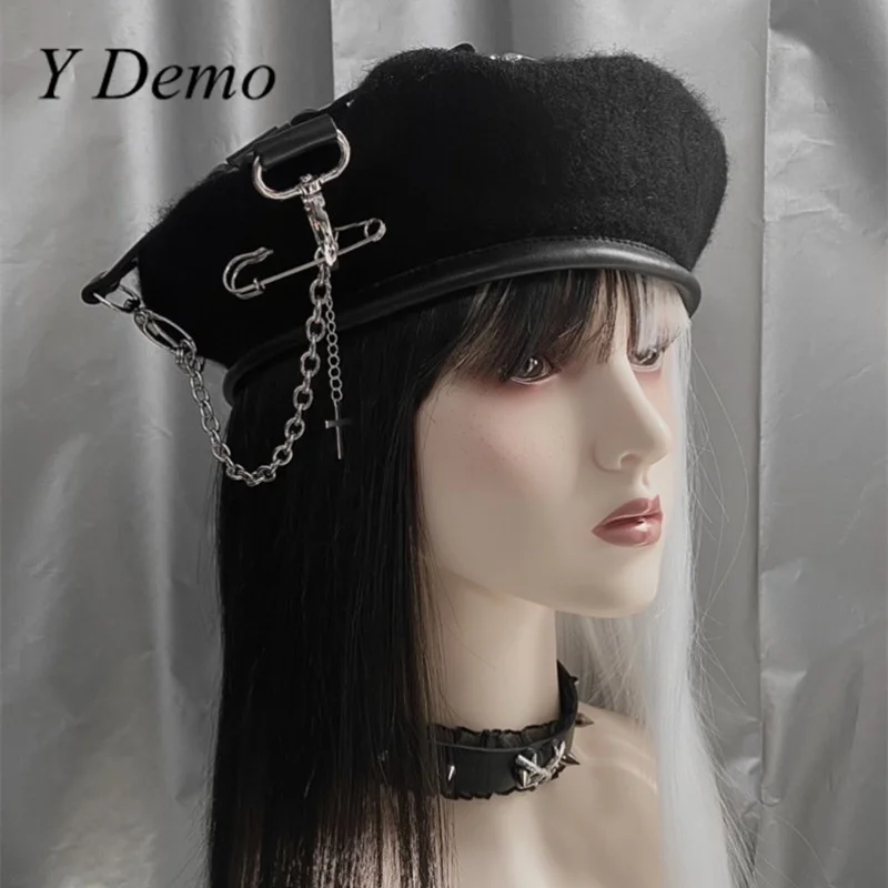 Y Demo Gothic Handmade Pu Cross Buckles Movable Pins Beret