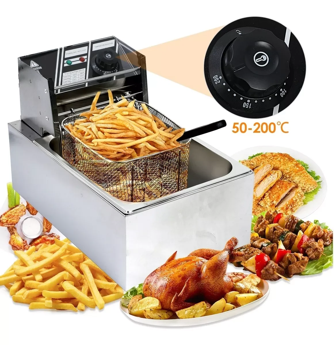 Electric Deep Fryer with Basket & Lid, 1500W 6L Stainless Steel Commercial Frying Machine, Countertop French Fryer with Temperature Control for Home