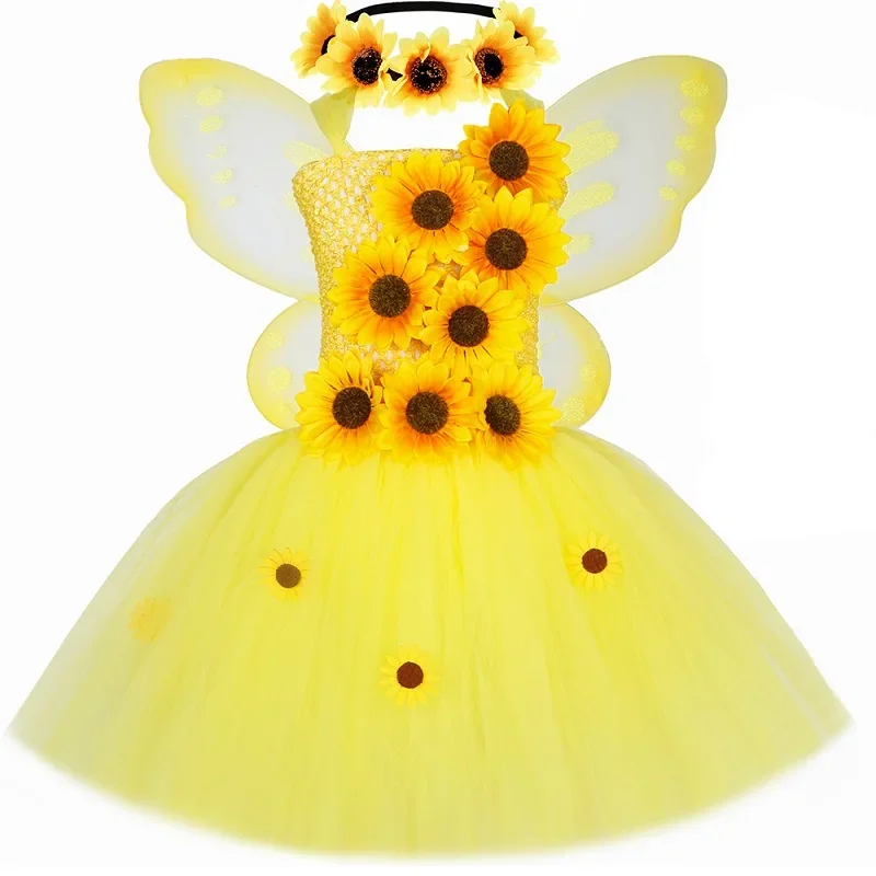 thumbnail image 1 of Vestido de princesa de hadas con girasoles para otoño e invierno para niñas, conjunto de disfraz para fiesta de Acción de Gracias, vestidos de tutú amarillos para niñas con flores, 1 of 5