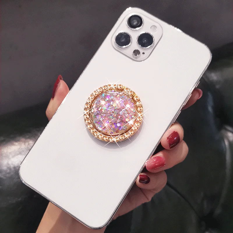 Bling Glitter Sequin Finger Ring Holder for For IPhone X 8 7 11 12 Pro Redmi Samsung Round Phone Table Holder Rotation Stand