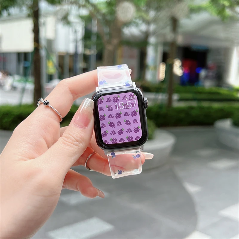 Korean Fruit Print Clear Strap For Apple Watch 41mm 45mm 38mm 