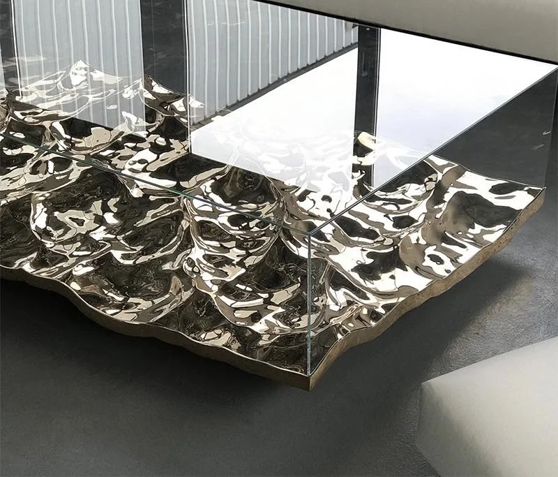 Nordic Style Artistic Modern Luxury FRP Base Water Ripple Wave Shape Irregular Shaped Glass Mirrored Coffee Table Tea Table