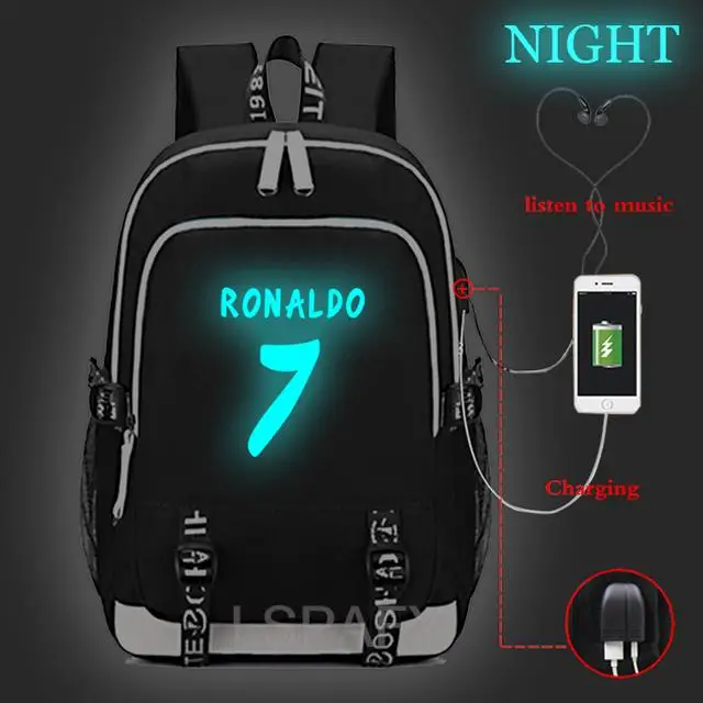 고품질 Cristiano Ronaldo CR7 발광 USB 충전 Tenns 배낭 USB 충전 CR7 배낭, 남성 여성 Mochila