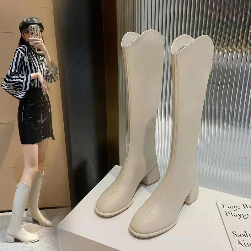 2023 New Winter Style with Fleece Medium Chunky Heel Knight Boots Women's High Tube Thinner-looked High Heel Shorty Long Boots