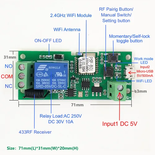 Ewelink 와이파이 RF 스위치 모듈, 자동 잠금, 무선 앱 원격 제어, 알렉사 구글 스마트 홈, DC 5V, 7-32V, 1 채널 5