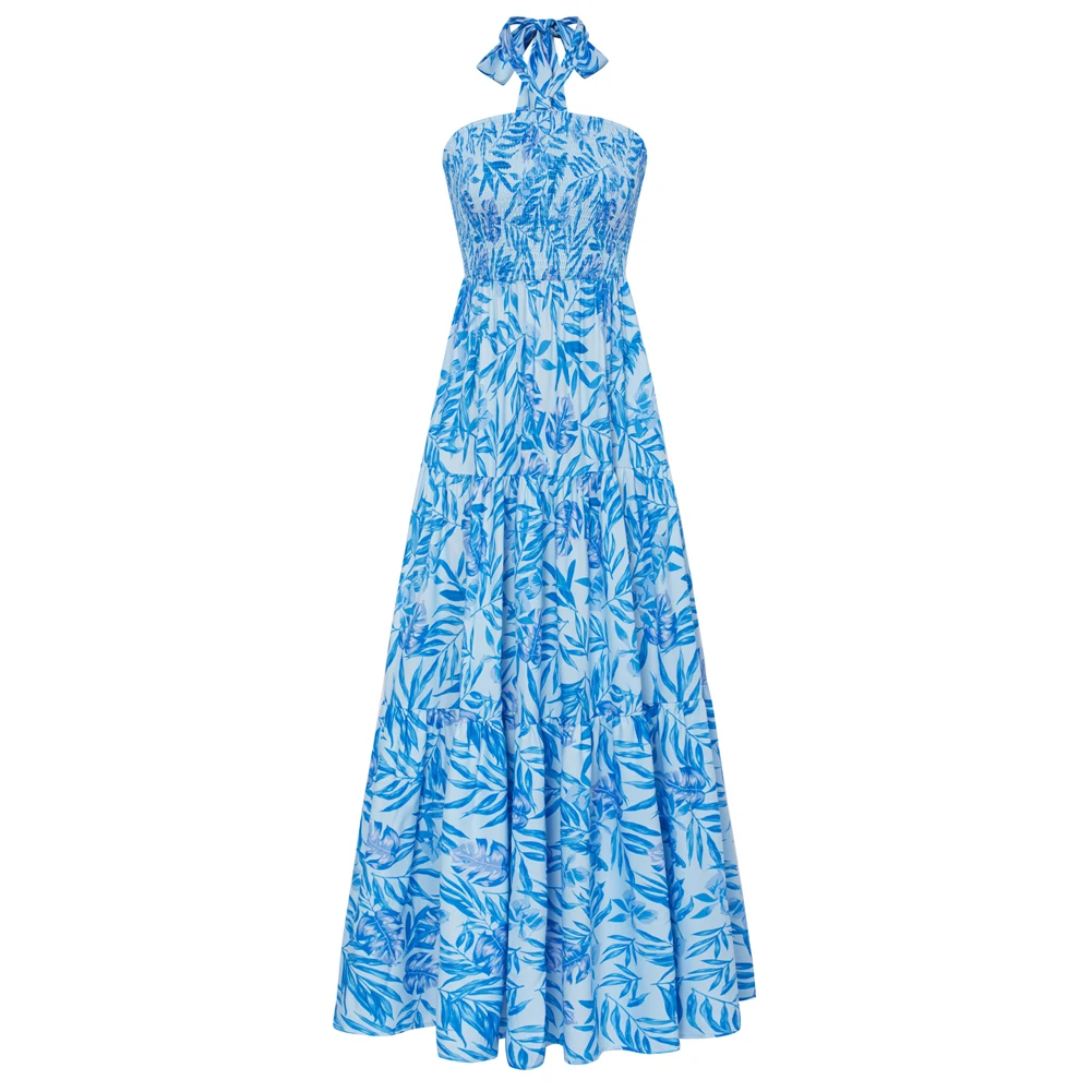 

GK Women Summer Dress Floral Printed Tiered Maxi Smocked Bodice Halterneck Tube Top Flared A Line Dress Hawaiian Holiday Dress