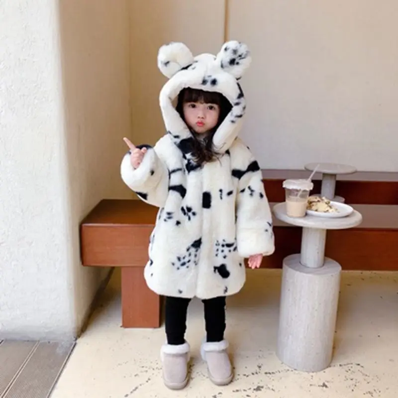 

Winter Girls Faux Rabbit Fur Coat Kids Loose Fur Coat Large size Hooded OverCoat Children Thick Warm Plush Coats