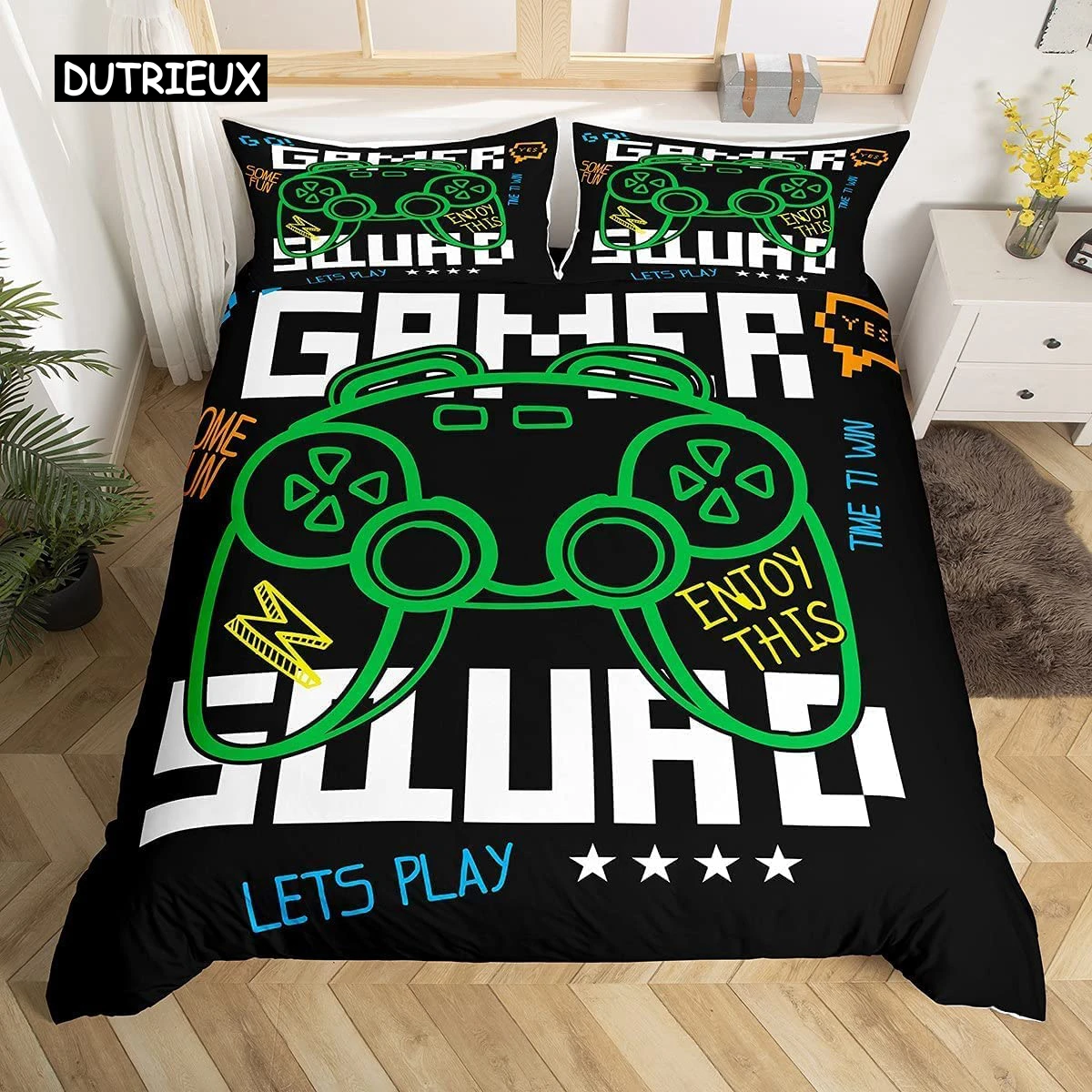 

Gamepad Duvet Cover Set Queen Video Game Twin Bedding Set Microfiber Green Cartoon Gamer Pattern Electronic Theme Quilt Cover