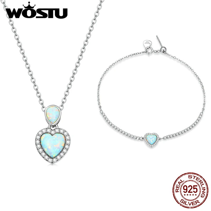

WOSTU 925 Sterling Silver Love Heart Fire Opal Charm Bracelet Necklace for Women Sterling Silver Jewelry Set Wedding Gift
