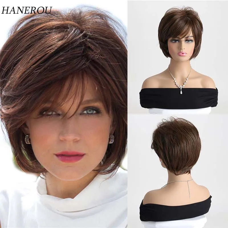 

Fashion Women Wavy Curly Hair with Bangs Heat Resistant Synthetic Wig Dark Brown Wigs for Daily Short Hairstyle