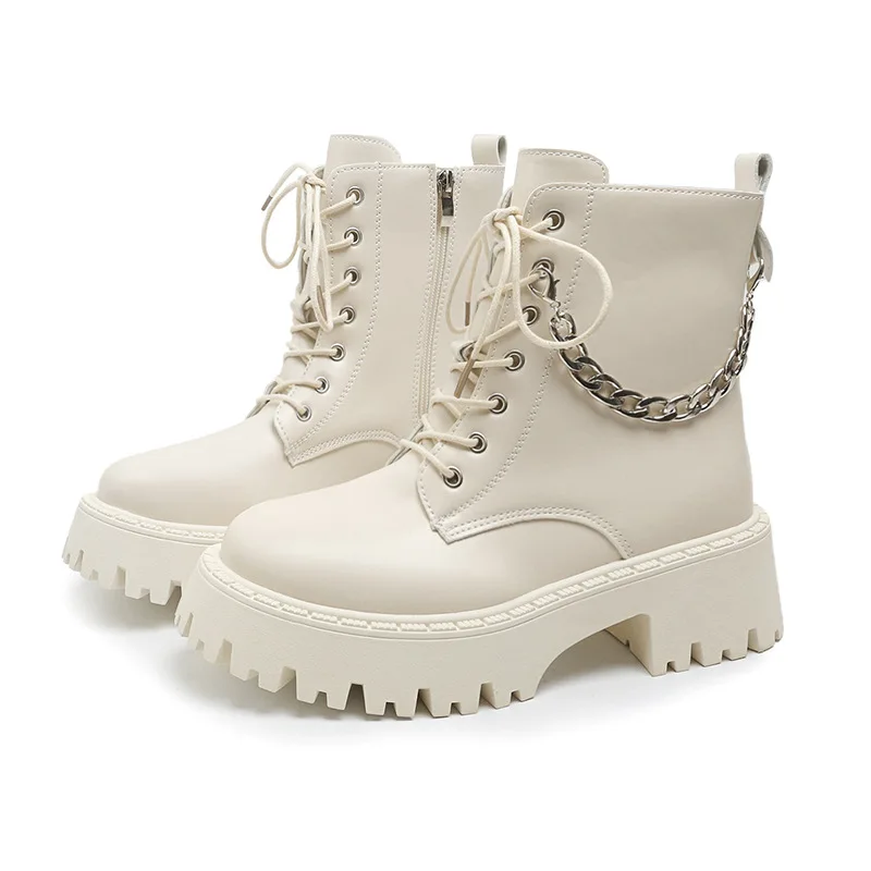 Metal Chain Chunky Platform Ankle Boots for Women 2023 Autumn Lace Up Thick Heeled Short Botas Woman Plus Size Motorcycle Shoes