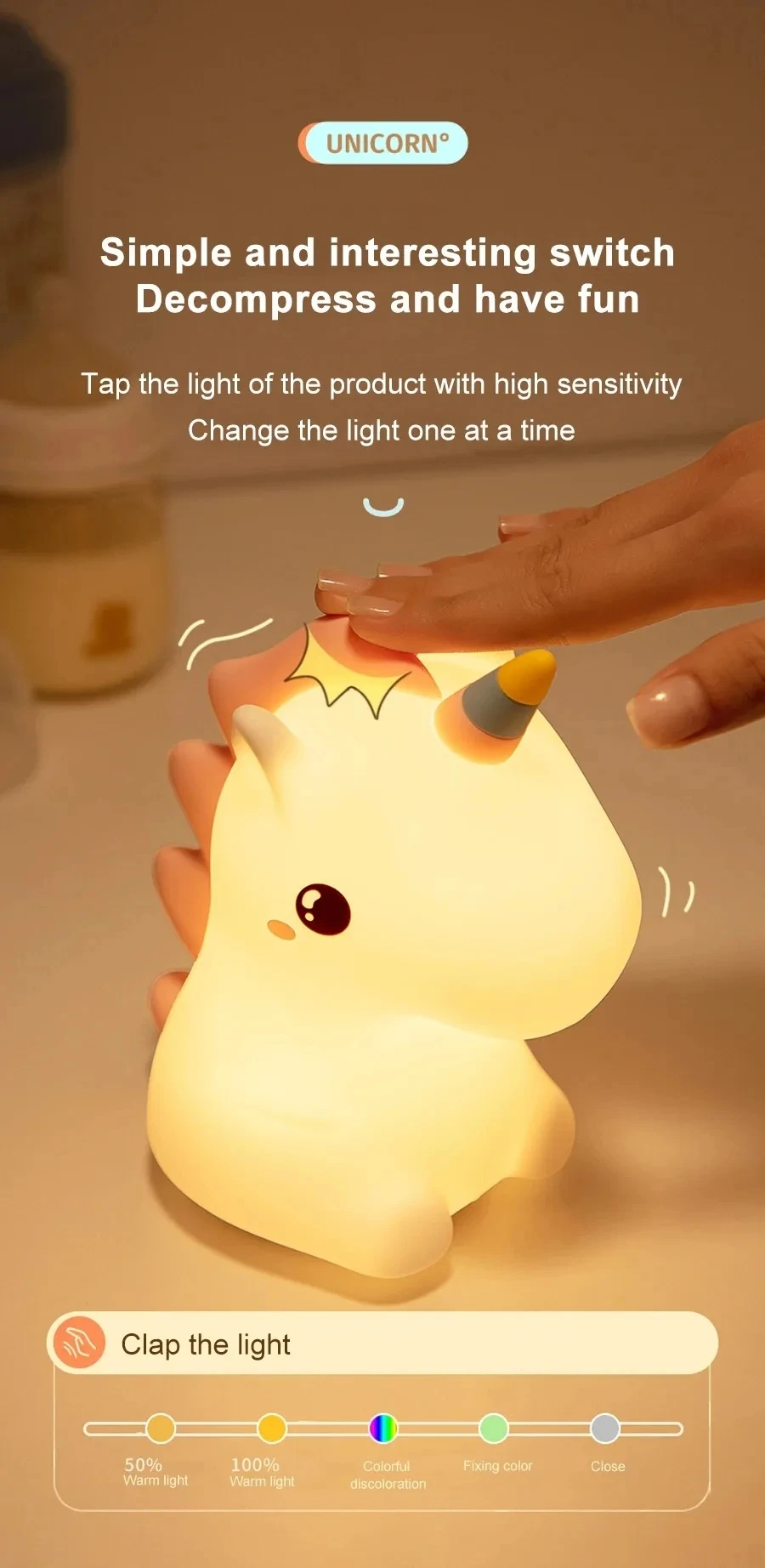 Unicorn Cute Silicone Led Night Light For Kids Children Usb Rechargeable Lamp