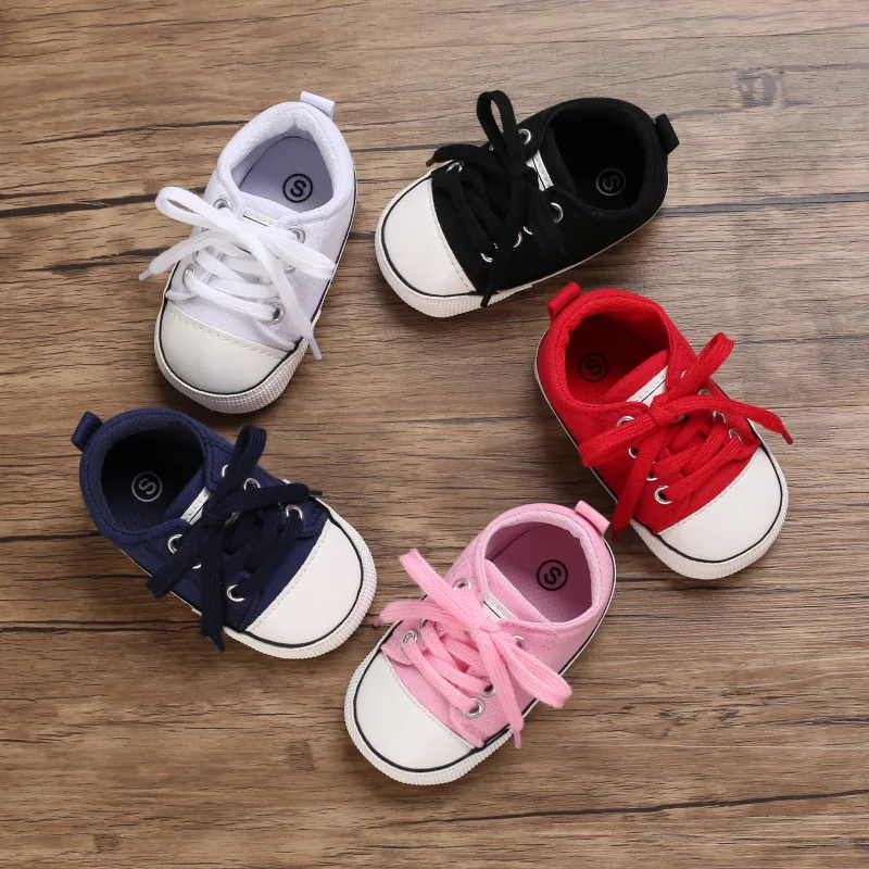 

2021 Baby First Walkers Anti-slip Newborn Kid Canvas Sneakers Solid Color Infant Baby Boy Girl Soft Sole Crib Shoes Pre Walkers