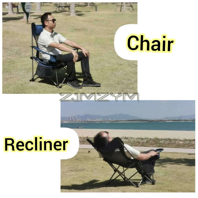 Folding Beach Camp Chair Recliner with Head Support, Adjustable Back, Armrests, Storage Bag, Cup Holder, Carry Bag for Outside