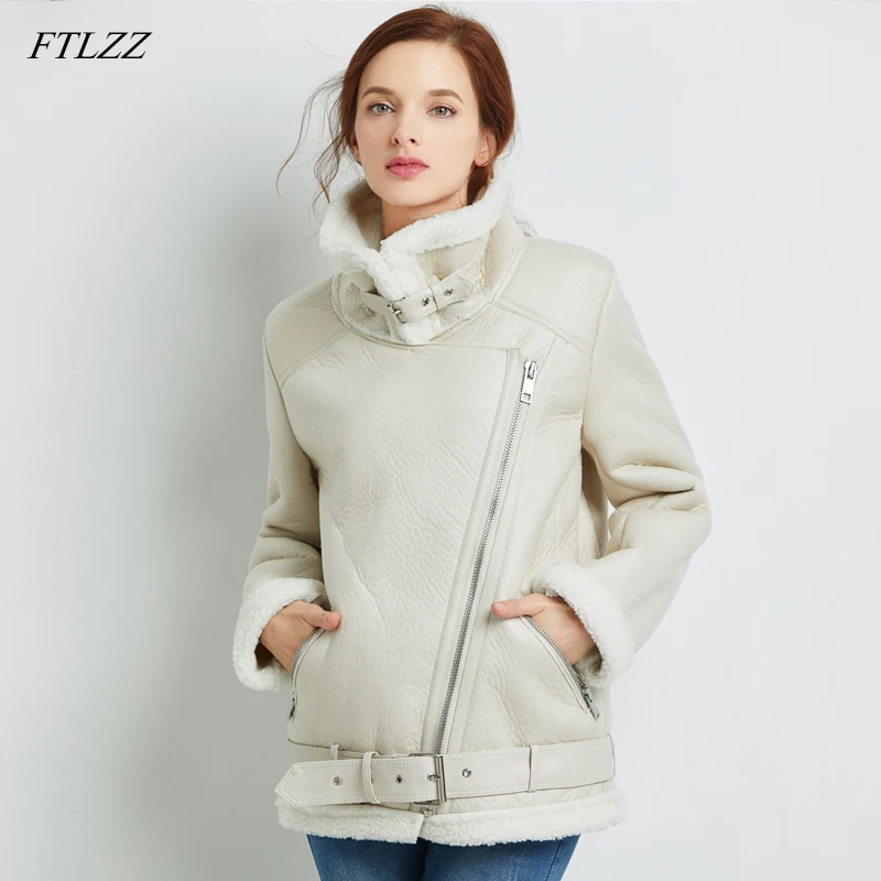 

FTLZZ 2022 New Women Sheepskin Coats Winter Thicken Faux Leather Fur Female Coat Fur Lining Leather Aviator Jacket