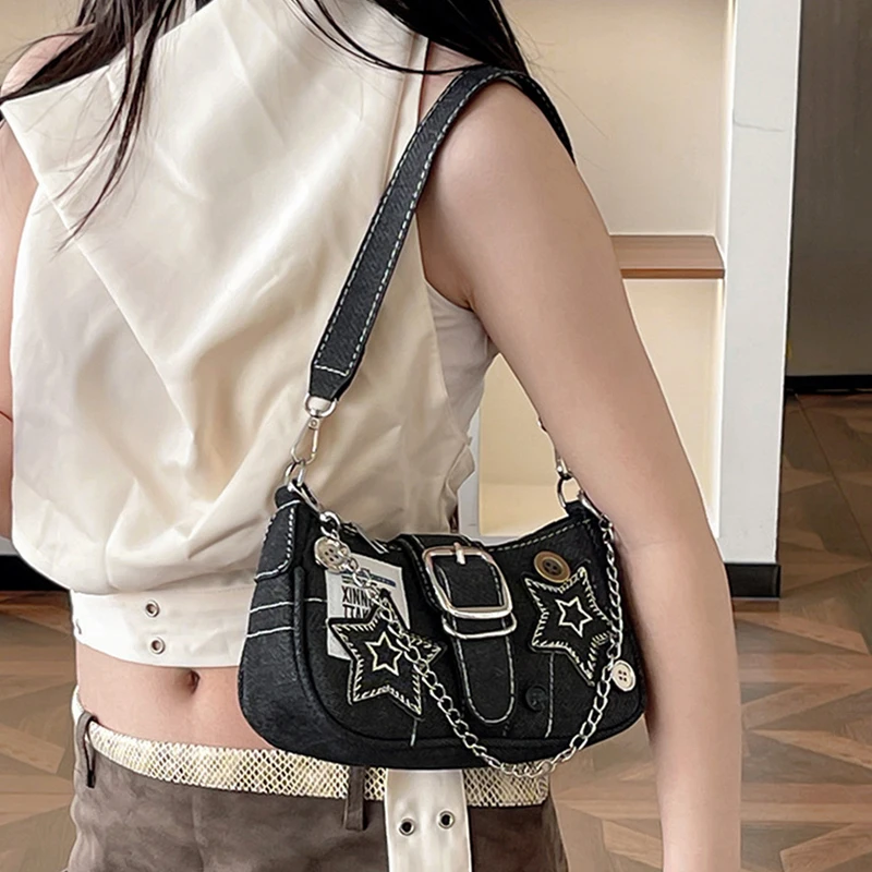 Y2k Fashion Women's Handbags Stars Pattern Cool Girls Underarm Bag Fashion Canvas Female Small Shoulder Bags Chain Tote Purses